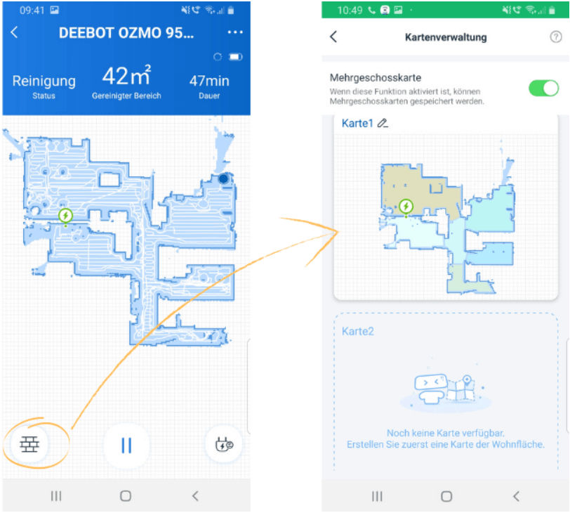 2 Karten können beim Ecovacs Deebot OZMO 950 erstellt und gespeichert werden 